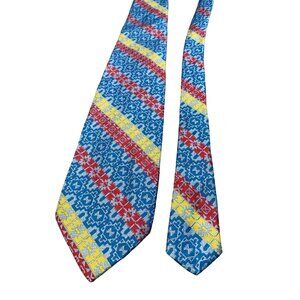 Vintage Towncraft Silk Mens Tie Blue Red Yellow Geometric Stripes Necktie